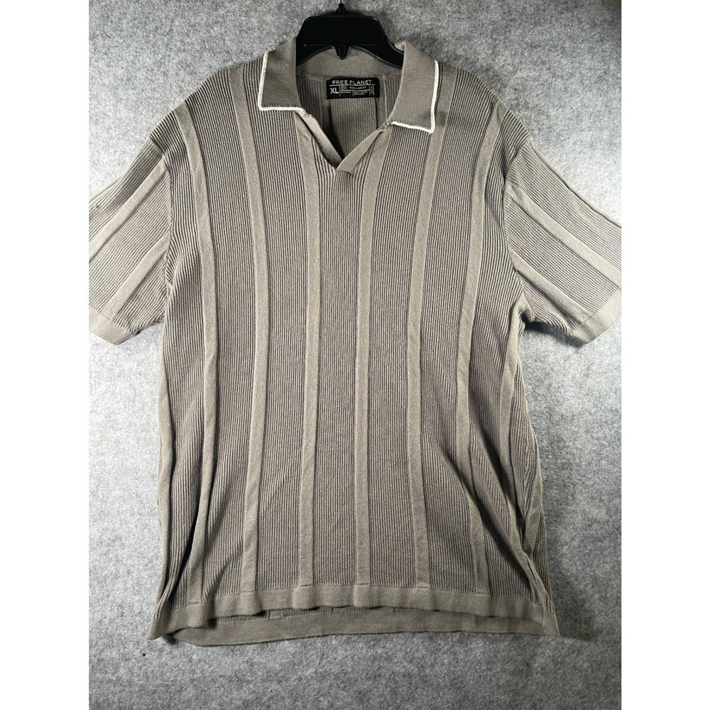 Free Planet Mens XL Knit Polo Shirt Taupe Brown Ribbed Cotton V Neck